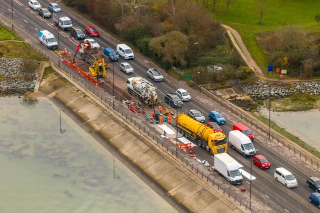 Drone photograph of traffic on Eastern Road while repairs took place during a similar incident last month. Picture: Marcin Jedrysiak