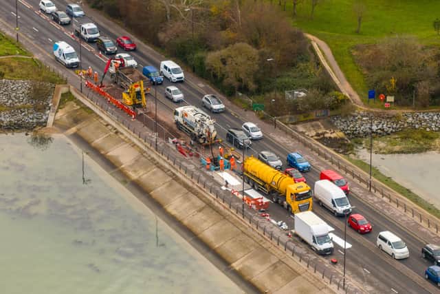 Drone footage of traffic on Eastern Road during repair work in a similar incident last month.  Image: Marcin Jedrysiak
