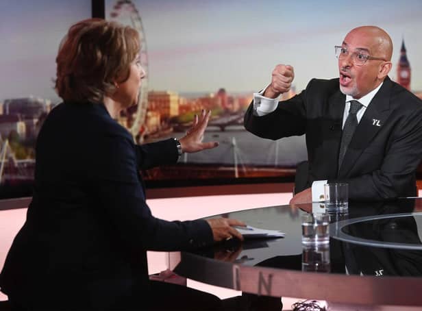 For use in UK, Ireland or Benelux countries only BBC handout photo of Education Secretary Nadhim Zahawi being interviewed by Jo Coburn on the BBC One current affairs programme, Sunday Morning. Picture date: Sunday May 22, 2022.