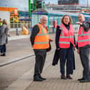 Councillor Gerald Vernon-Jackson with Secretary of State for Transport Anne-Marie Trevelyan MP and Portsmouth International Port Director Mike Sellers during the tour of the port. Picture: Mike Cooter (151022)