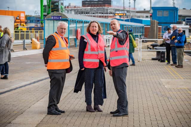 Councillor Gerald Vernon-Jackson with Secretary of State for Transport Anne-Marie Trevelyan MP and Portsmouth International Port Director Mike Sellers during the tour of the port. Picture: Mike Cooter (151022)