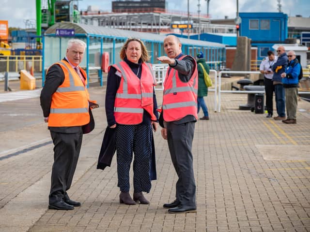 Councillor Gerald Vernon-Jackson with Secretary of State for Transport Anne-Marie Trevelyan MP and Portsmouth International Port Director Mike Sellers during the tour of the port. Picture: Mike Cooter (151022)