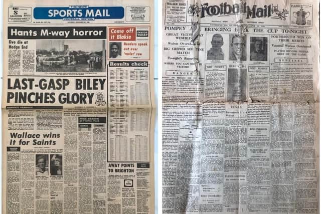 Left - the Sports Mail in December 1984 when Alan Biley's two late goals gave Pompey victory over Oxford United. Right - a tattered and torn Sports Mail from 1939, when Pompey lifted the FA Cup for the first time.