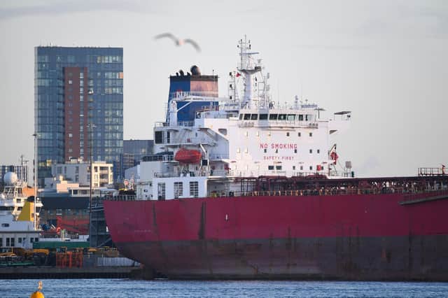 The Nave Andromeda in the port on October 26, 2020 in Southampton, England. The 228-metre, Liberian-registered oil tanker was carrying oil from Nigeria to the port of Southampton when it was subjected to a suspect hijacking by stowaways off the coast of the Isle of Wight on the South Coast of the British Isles. (Photo by Finnbarr Webster/Getty Images)