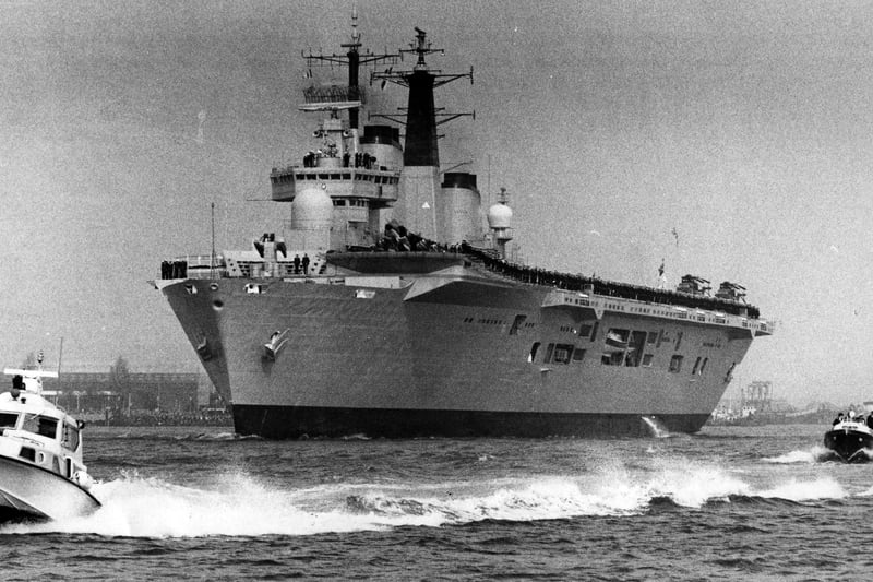HMS Invincible leaving Portsmouth for Falklands in 1982. The News PP4866