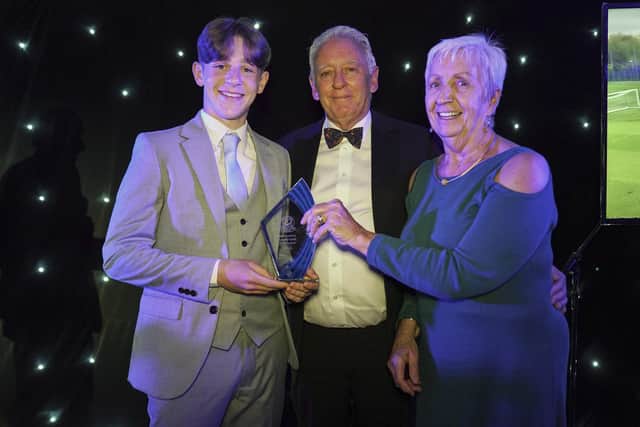 Promising defender Harvey Laidlaw receiving the Academy Player Of The Season award at Pompey's End of Season Dinner. Picture: Jason Brown Photography