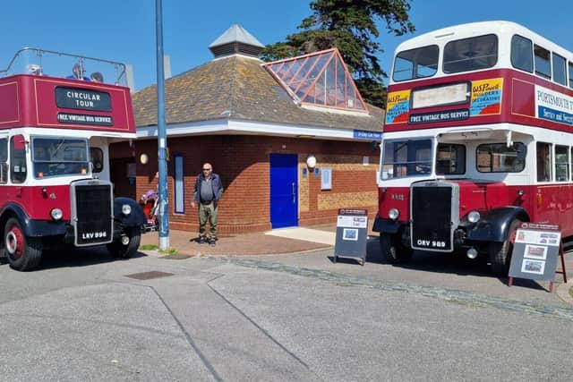 The two buses stand ready for service at the D Day Museum