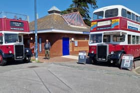 The two buses stand ready for service at the D Day Museum