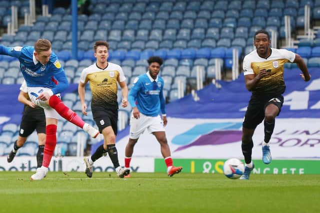 Ronan Curtis nets the opening goal of Pompey's 4-1 victory over Crewe on Saturday. Picture: Joe Pepler