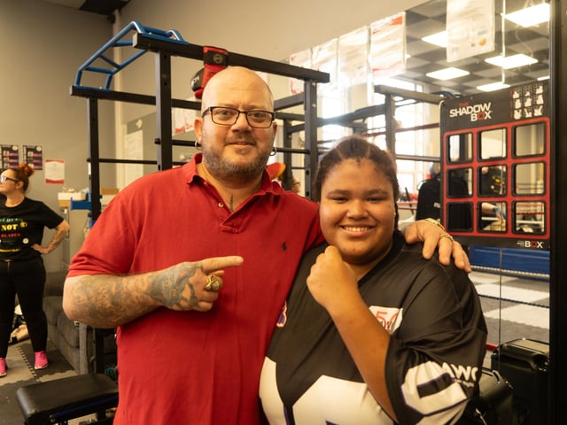 Mollie Holland aged 15 from Cosham with Dad Martin Holland at Artful Dodgers Gym