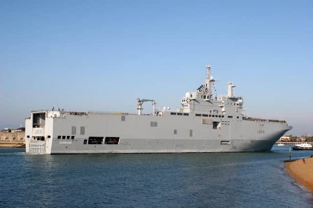 The French amphibious ship FS Dixmude entering Portsmouth for a visit on October 2018. Picture: Derek Fox.