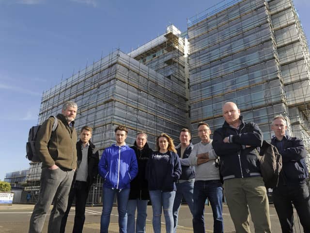 Rob Shaffery and fellow leaseholders/residents protest outside the Vista building in Goldsmith Avenue which is in the middle of extensive repair works. Pictured in 2017. Picture: Ian Hargreaves.