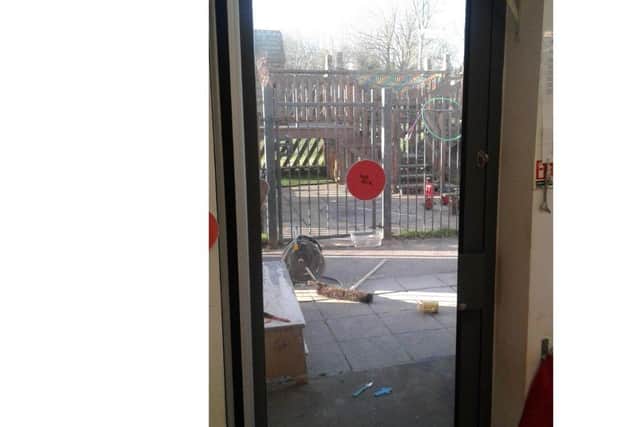 Some of the damage at Little Barn Owls Pre-School. A sign on the door has marked the playground area as 'not safe' for the time being. Picture: Supplied