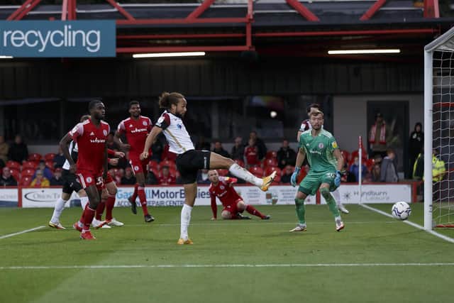 Marcus Harness converts John Marquis' cross to level for Pompey in the 86th minute at Accrington. Picture: Daniel Chesterton/phcimages.com