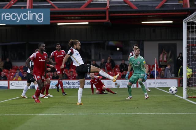Marcus Harness converts John Marquis' cross to level for Pompey in the 86th minute at Accrington. Picture: Daniel Chesterton/phcimages.com