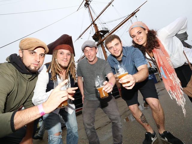 HMS Warrior, Historic Dockyard 2017. Beer festival on HMS Warrior - Warriorfest, the first run there by Staggeringly Good brewery in Fratton. Bob Farewell, Gary Evans, Joel Rickards, Don Reed and Carmen Jedinger of the band Dogsocket Photography by Habibur Rahman