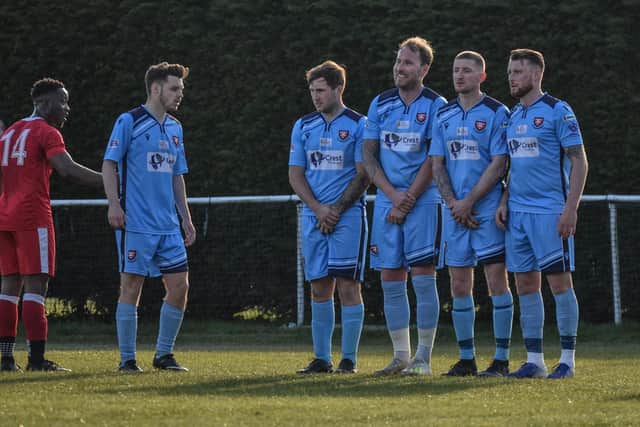 The AFC Portchester wall lines up for a Folland free-kick. Picture: Daniel Haswell.