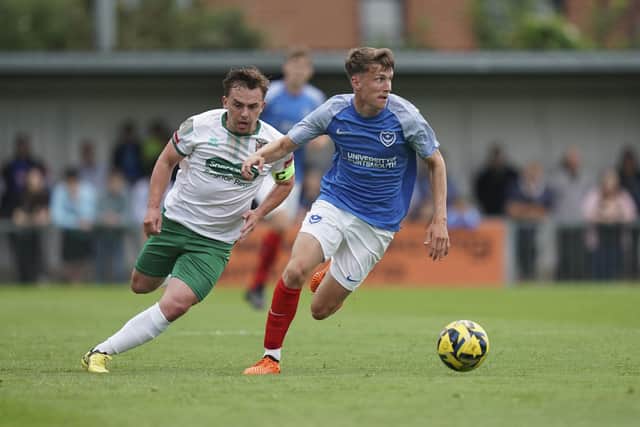 Pompey midfielder Harry Jewitt-White in action at Bognor on Tuesday night.