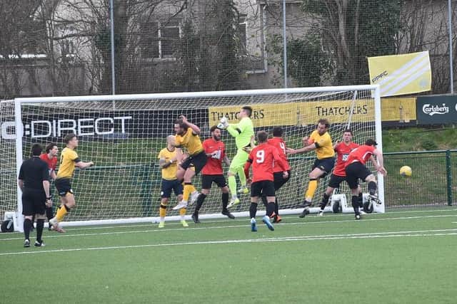 Goalmouth action from Fareham's 5-2 Vase defeat to Plymouth Parkway at Newton Abbot. Picture: Paul Proctor.