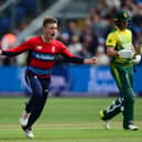Mason Crane celebrates a wicket while playing for England in a T20 international against South Africa in 2017. Photo by Harry Trump/Getty Images.