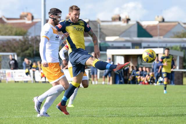 Steve Hutchings fires in a shot against Cray Wanderers. Picture: Martyn White.