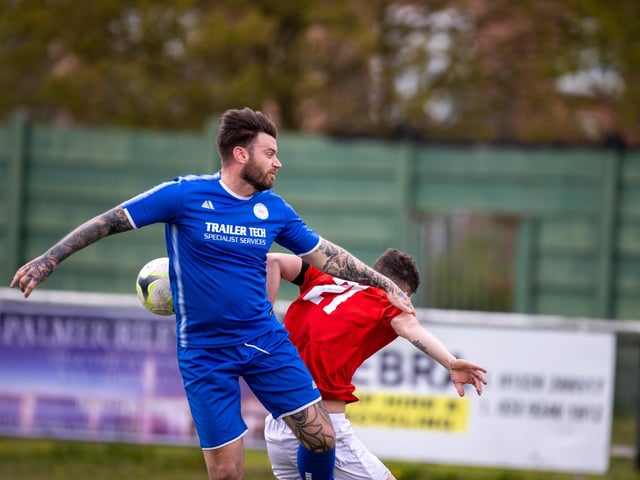 Action from Gosport Town's 4-0 victory over Lee Rangers (blue kit) in the Portsmouth & District FA Trophy final at Cams Alders. Picture: Alex Shute