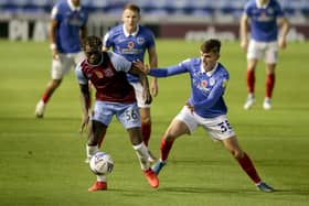 Harry Kavanagh, right, in action for Portsmouth against West Ham under-21s in the EFL Trophy at Fratton Park. Photo by Robin Jones/Getty Images)