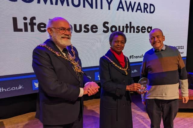 Lifehouse manager Mike Morrell at the Imagine Portsmouth ceremony with Lord Mayor councillor Hugh Mason and Lady Mayoress Marie Costa