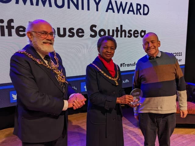 Lifehouse manager Mike Morrell at the Imagine Portsmouth ceremony with Lord Mayor councillor Hugh Mason and Lady Mayoress Marie Costa