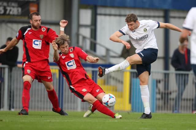 Ryan Bird (right) in action during his loan spell with Hawks. Picture by Dave Haines.
