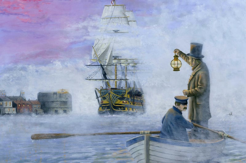 HMS Victory emerging from the sea mist. A marvellous painting from Neil Marshall with HMS Victory being guided into harbour.