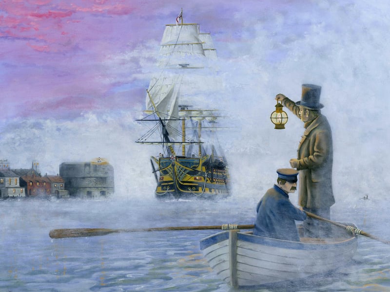 HMS Victory emerging from the sea mist. A marvellous painting from Neil Marshall with HMS Victory being guided into harbour.