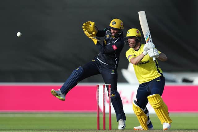 Joe Weatherley on his way to top scoring for Hampshire at Glamorgan. Photo by Ryan Hiscott/Getty Images