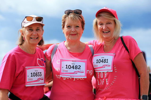 From L to R: Pauline Findaly, Anne Morton and Linda Matthews. Race For Life, Southsea Common. Picture: Chris Moorhouse (jpns 030722-24)