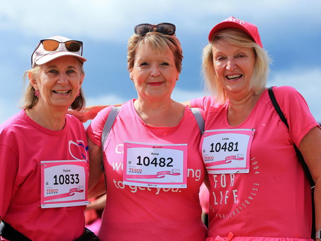 From L to R: Pauline Findaly, Anne Morton and Linda Matthews. Race For Life, Southsea Common. Picture: Chris Moorhouse (jpns 030722-24)