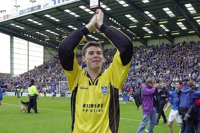 Aaron Flahavan celebrates Pompey's win over Barnsley at Fratton Park in May 2001 to avoid relegation. Picture: Malcolm Wells