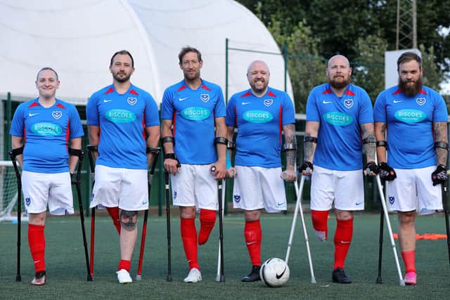 The Pompey amputee team who will be facing Peterborough in the national final this Sunday live on BT Sport (from left) Che Gray, Roger Whitehouse, Ray Westbrook, Kirk Hughes, Chris Waller and TJ Yates. Picture: Chris Moorhouse