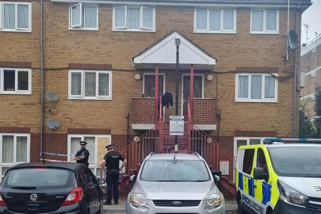 Police in Crabbe Court, Southsea, Portsmouth on October 10 2021 after a fire in the early hour of the morning. Picture: Stuart Vaizey