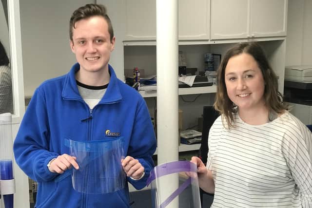 Head of Design and Technology, Kay Coghlan, who has made over 200 protective face shields, and former pupil, Jamie Sculthorpe, who now works for Crescent Community Care who are set to benefit from the protective equipment.