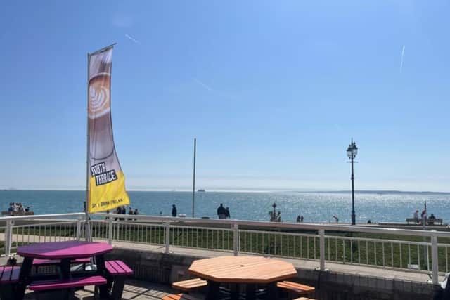 The new pop-up cafe behind The Pyramids in Portsmouth, South Terrace, has stunning views of the sea and the newly completed defences.