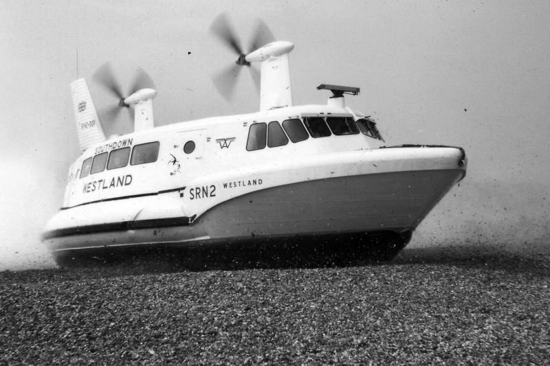 A hovercraft SRN2 Westland ploughing its way onto the beach at Eastney, Portsmouth 1952.
