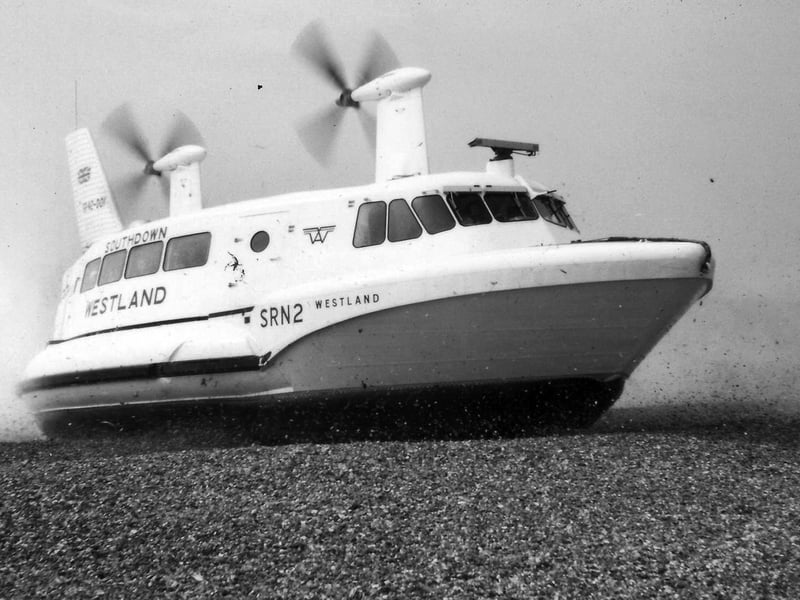 A hovercraft SRN2 Westland ploughing its way onto the beach at Eastney, Portsmouth 1952.