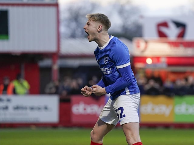 Paddy Lane celebrates Pompey's opener in front of the travelling Fratton faithful
