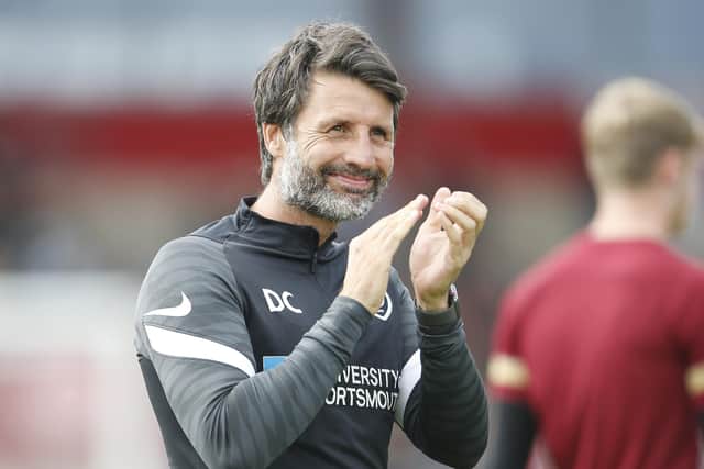 Danny Cowley applauds Pompey's travelling fans following Saturday's 1-0 victory at Fleetwood. Picture: Paul Thompson/ProSportsImages