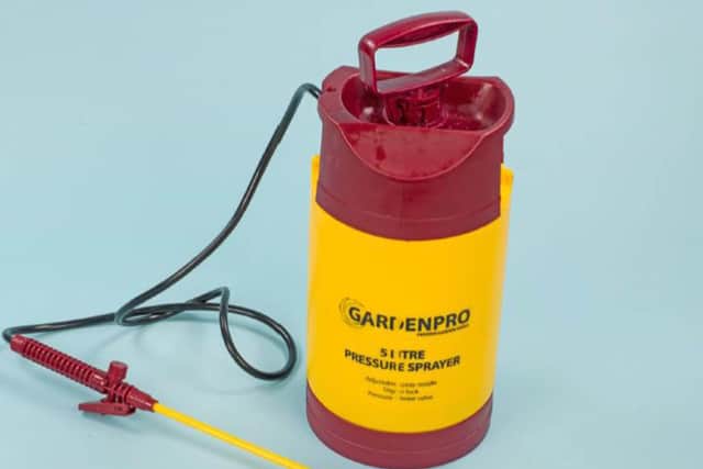A five litre pressure sprayer shown to the court