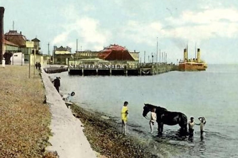 Bathing west of Clarence Pier. Most swimming and bathing took place east of Clarence Pier, but these boys have taken to the west of it.