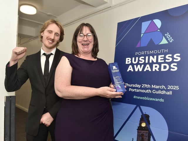 Medium Business of the Year award winners Charlie Nicholas and Maddie Gunnie from WeBuyAnyPhone.com. Picture: Sarah Standing (270325-1343)