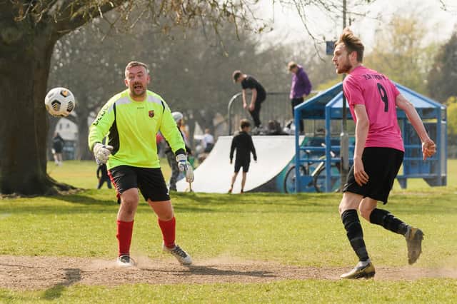 Charlie Smith, right, netted four goals as AFC Trades clinched the Portsmouth Sunday League Division 5 title with victory over Hatton at Westleigh Park. Picture: Keith Woodland