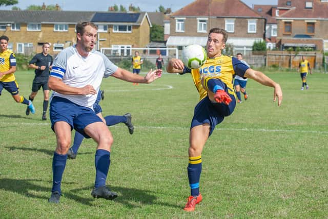 Conor Bailey in action for Moneyfields during the 1-0 home win over Folland at Dover Road. Picture: Habibur Rahman