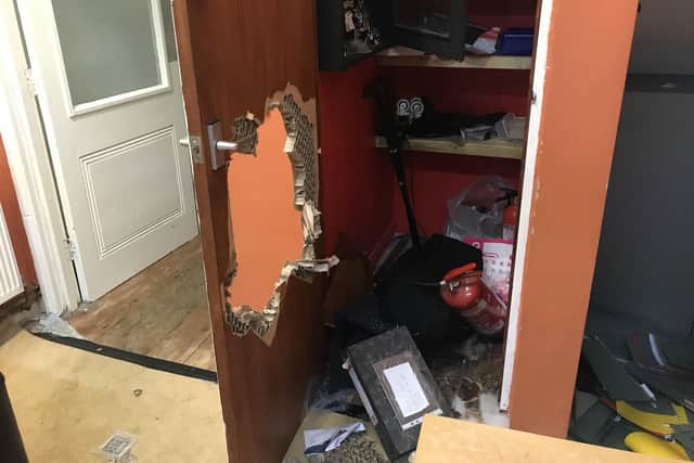 Thieves were caught ransacking the Groundlings Theatre in Kent Street, Portsea, Portsmouth, on the morning of September 29. This picture shows a cupboard containing the theatre's safe smashed open. Picture: Richard Stride